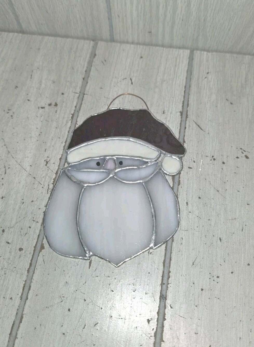 Vtg Santa Claus Head Stained Glass Suncatcher Window Hanging Christmas Ornament